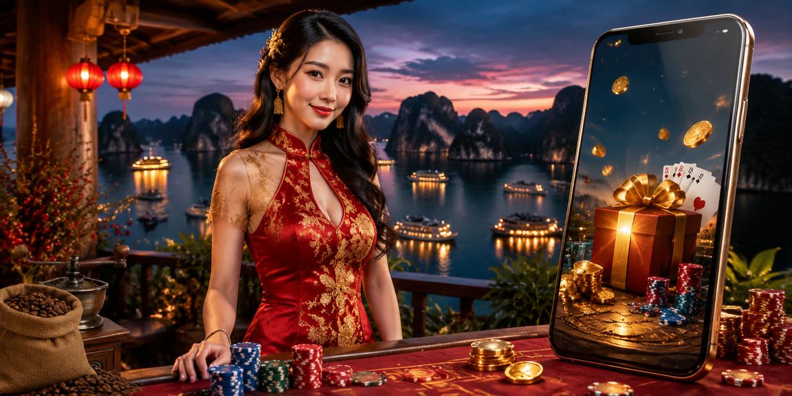 Người chơi thư giãn bên tách cà phê nhìn ra vịnh Hạ Long khi sử dụng ứng dụng casino
