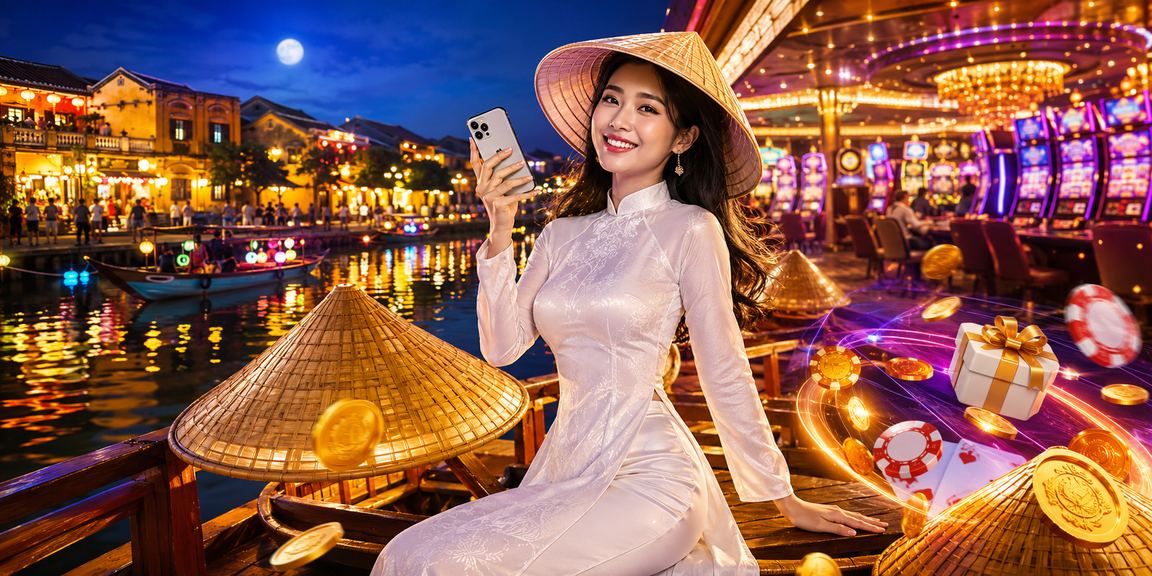 Người chơi Hội An trong trang phục áo dài trải nghiệm mobile casino hi8